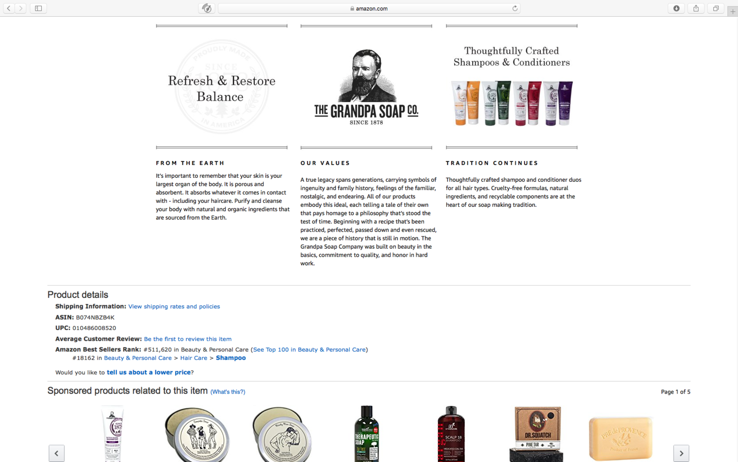 amazon website with grandpa soap co products